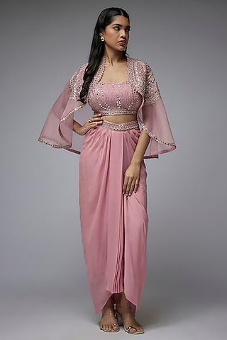 Dusty Pink Viscose & Georgette Mirror Work Cape Set by Gulal Couture
