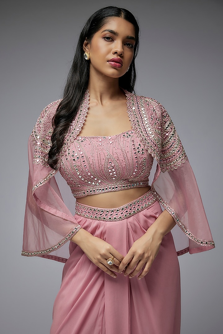 Dusty Pink Viscose & Georgette Mirror Work Cape Set by Gulal Couture at Pernia's Pop Up Shop
