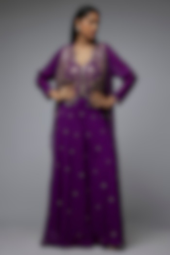 Purple Viscose & Georgette Mirror Embroidered Cape Set by Gulal Couture at Pernia's Pop Up Shop