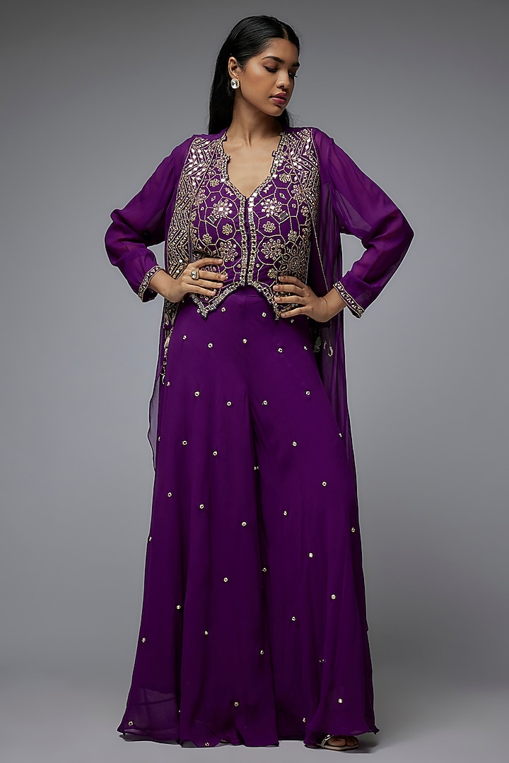 Purple Viscose & Georgette Mirror Embroidered Cape Set by Gulal Couture at Pernia's Pop Up Shop