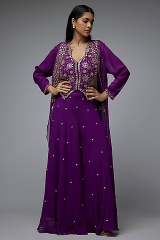Purple Viscose & Georgette Mirror Embroidered Cape Set by Gulal Couture