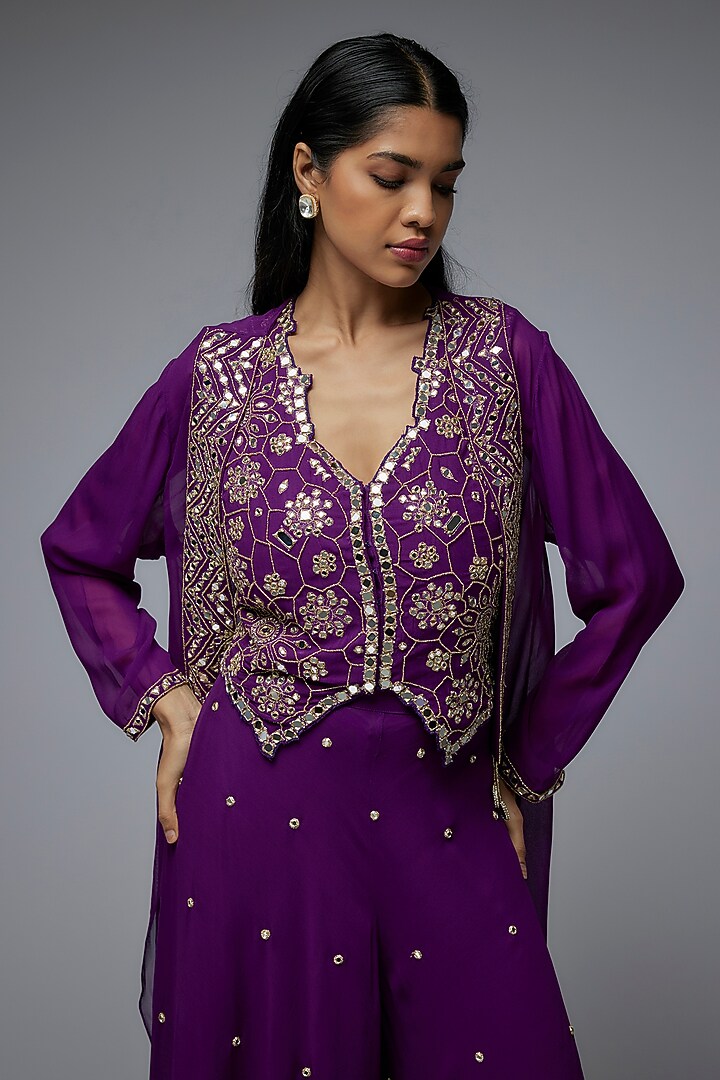 Purple Viscose & Georgette Mirror Embroidered Cape Set by Gulal Couture at Pernia's Pop Up Shop
