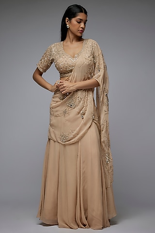 Mocha Mousse Georgette Mirror & Sequins Work Draped Saree Set by Gulal Couture