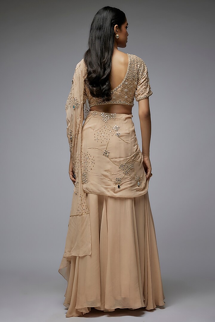 Mocha Mousse Georgette Mirror & Sequins Work Draped Wedding Saree Set by Gulal Couture at Pernia's Pop Up Shop