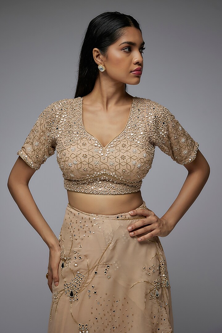 Mocha Mousse Georgette Mirror & Sequins Work Draped Wedding Saree Set by Gulal Couture at Pernia's Pop Up Shop