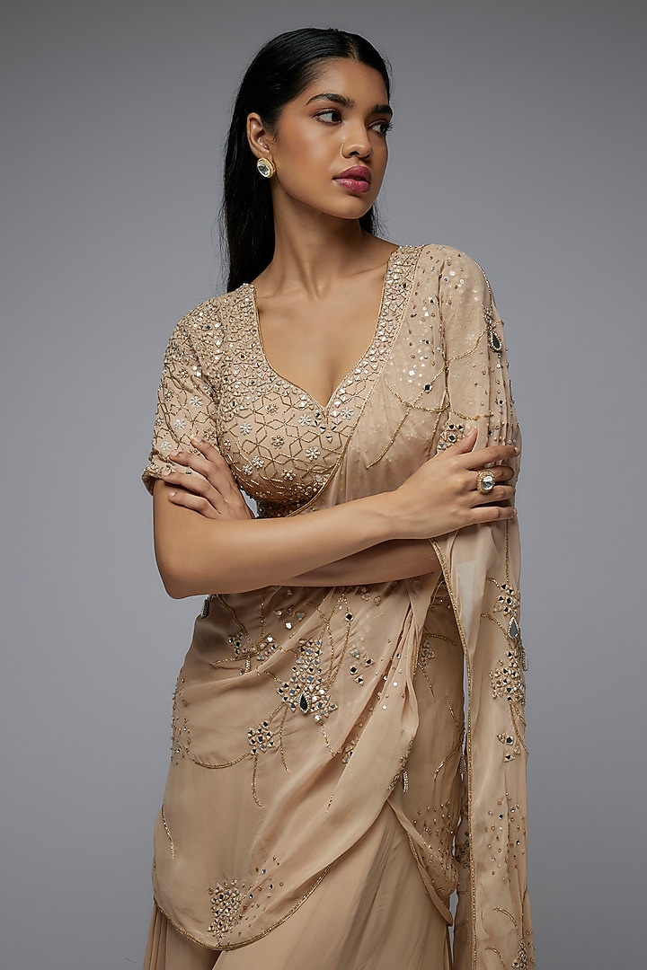Mocha Mousse Georgette Mirror & Sequins Work Draped Wedding Saree Set by Gulal Couture at Pernia's Pop Up Shop
