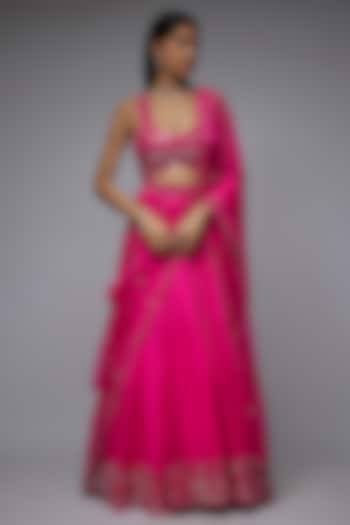 Hot Pink Organza Hand & Machine Embroidered Wedding Lehenga Set by Gulal Couture at Pernia's Pop Up Shop