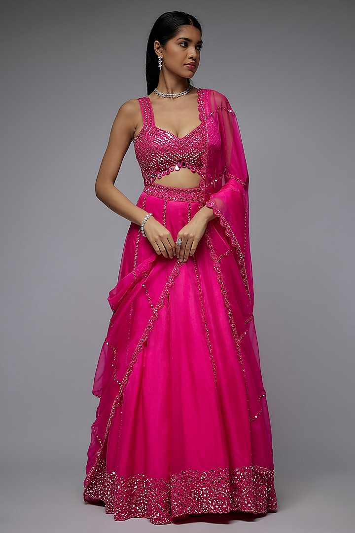 Hot Pink Organza Hand & Machine Embroidered Wedding Lehenga Set by Gulal Couture at Pernia's Pop Up Shop