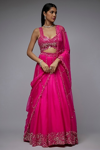 Hot Pink Organza Hand & Machine Embroidered Lehenga Set by Gulal Couture