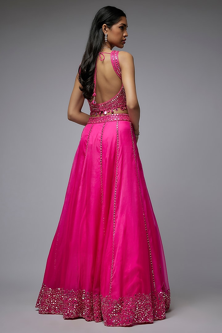Hot Pink Organza Hand & Machine Embroidered Wedding Lehenga Set by Gulal Couture at Pernia's Pop Up Shop