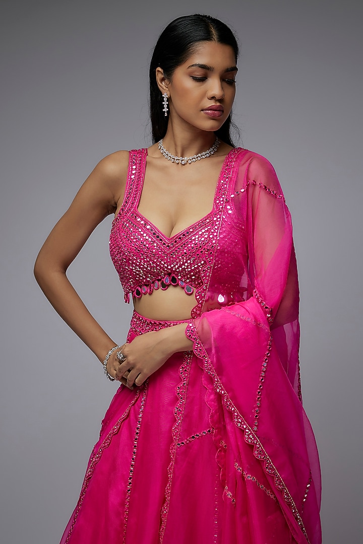 Hot Pink Organza Hand & Machine Embroidered Wedding Lehenga Set by Gulal Couture at Pernia's Pop Up Shop