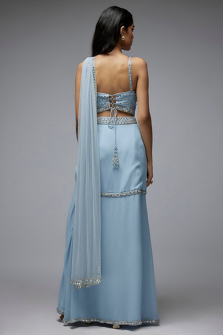 Dusty Blue Viscose & Georgette Mirror Embroidered Skirt Wedding Saree Set by Gulal Couture at Pernia's Pop Up Shop
