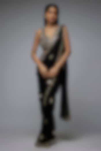 Black Viscose & Georgette Mirror Embroidered Ready-To-Wear Wedding Saree Set by Gulal Couture at Pernia's Pop Up Shop