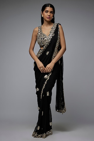 Black Viscose & Georgette Mirror Embroidered Ready-To-Wear Saree Set by Gulal Couture
