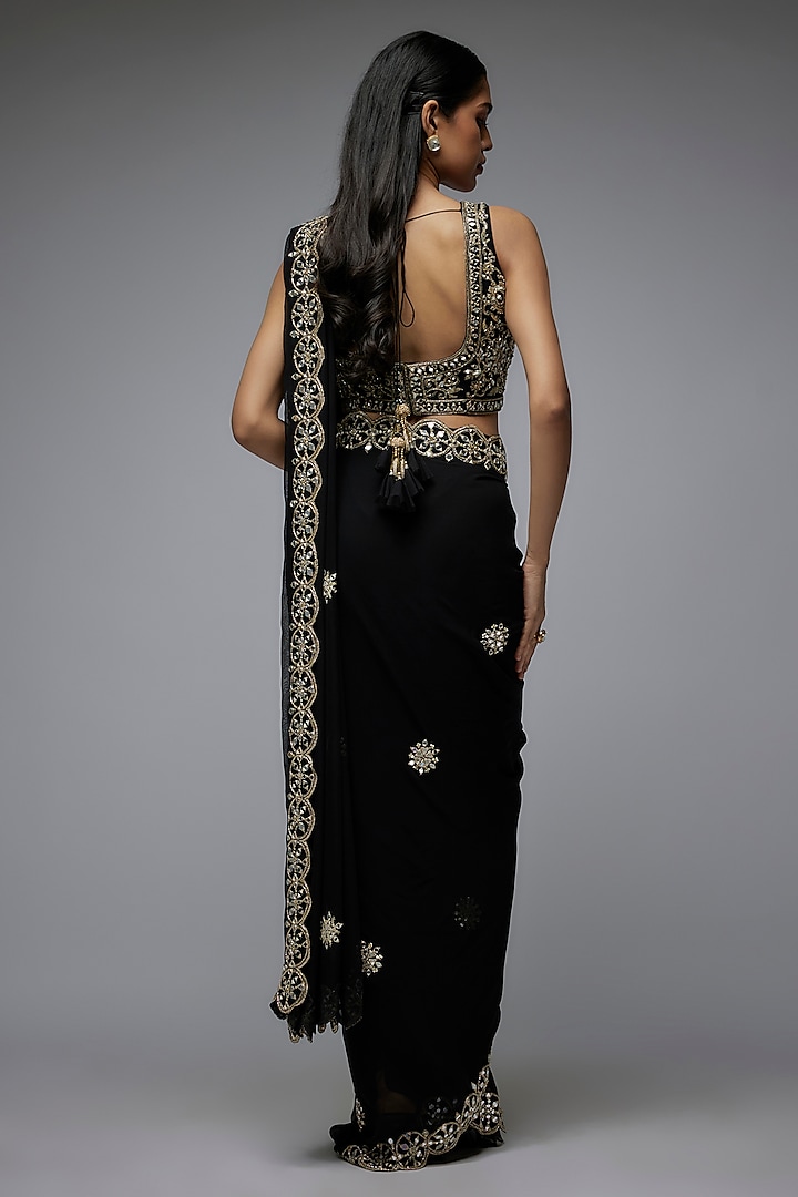 Black Viscose & Georgette Mirror Embroidered Ready-To-Wear Wedding Saree Set by Gulal Couture at Pernia's Pop Up Shop