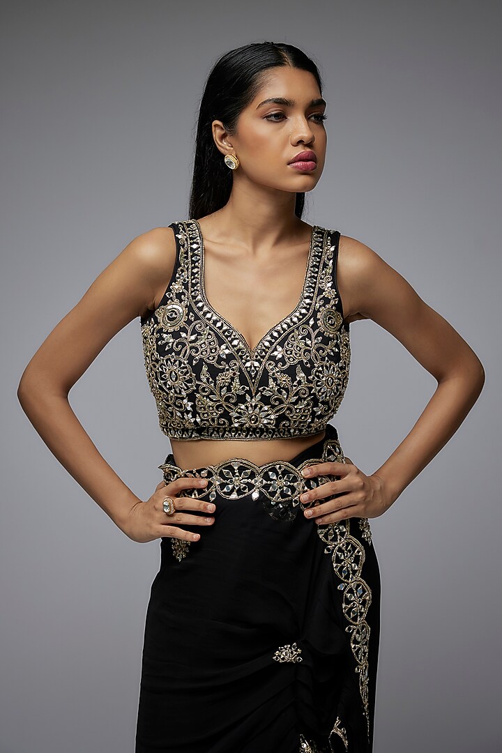 Black Viscose & Georgette Mirror Embroidered Ready-To-Wear Wedding Saree Set by Gulal Couture at Pernia's Pop Up Shop