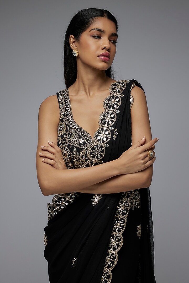 Black Viscose & Georgette Mirror Embroidered Ready-To-Wear Wedding Saree Set by Gulal Couture at Pernia's Pop Up Shop