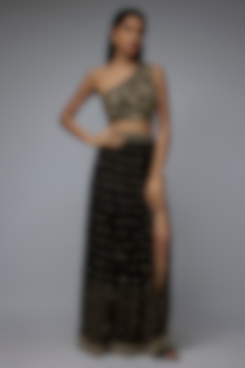 Black Viscose & Georgette Mirror Embroidered Skirt Set by Gulal Couture at Pernia's Pop Up Shop