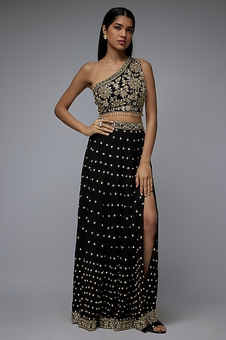 Black Viscose & Georgette Mirror Embroidered Skirt Set by Gulal Couture