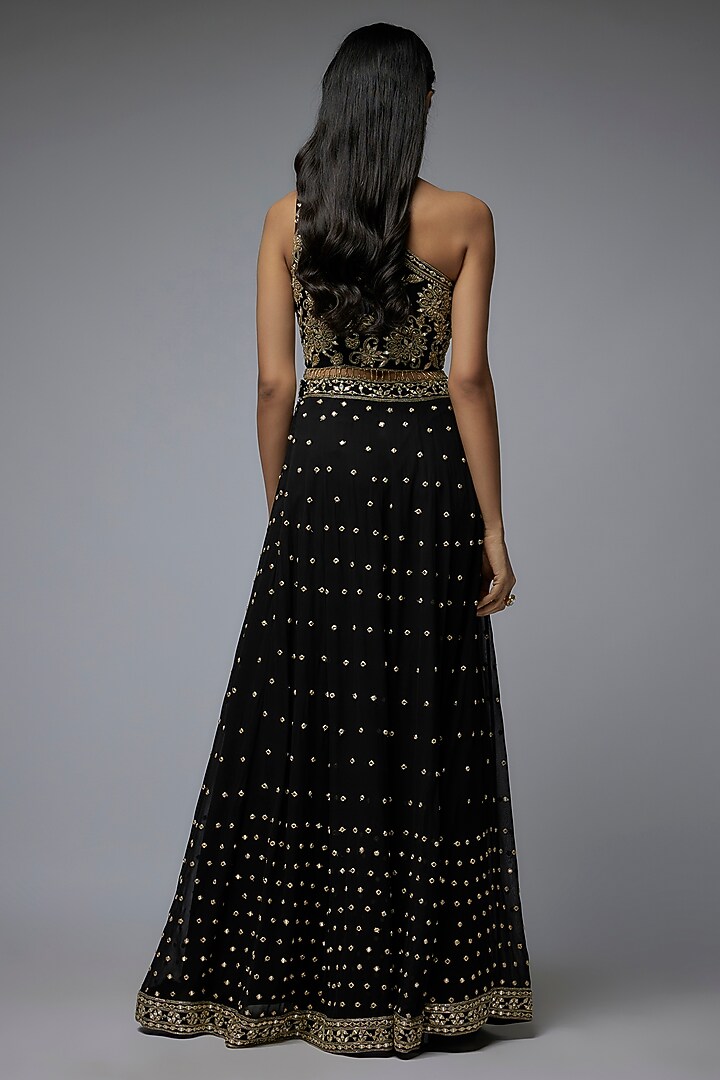 Black Viscose & Georgette Mirror Embroidered Skirt Set by Gulal Couture at Pernia's Pop Up Shop