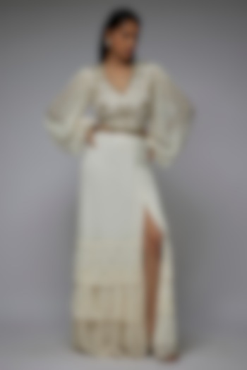 Ivory Georgette Hand & Machine Embroidered Layered Engagement Gown by Gulal Couture at Pernia's Pop Up Shop