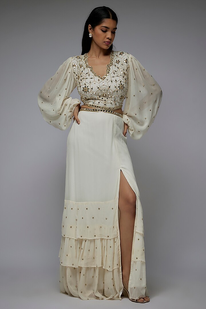 Ivory Georgette Hand & Machine Embroidered Layered Engagement Gown by Gulal Couture at Pernia's Pop Up Shop