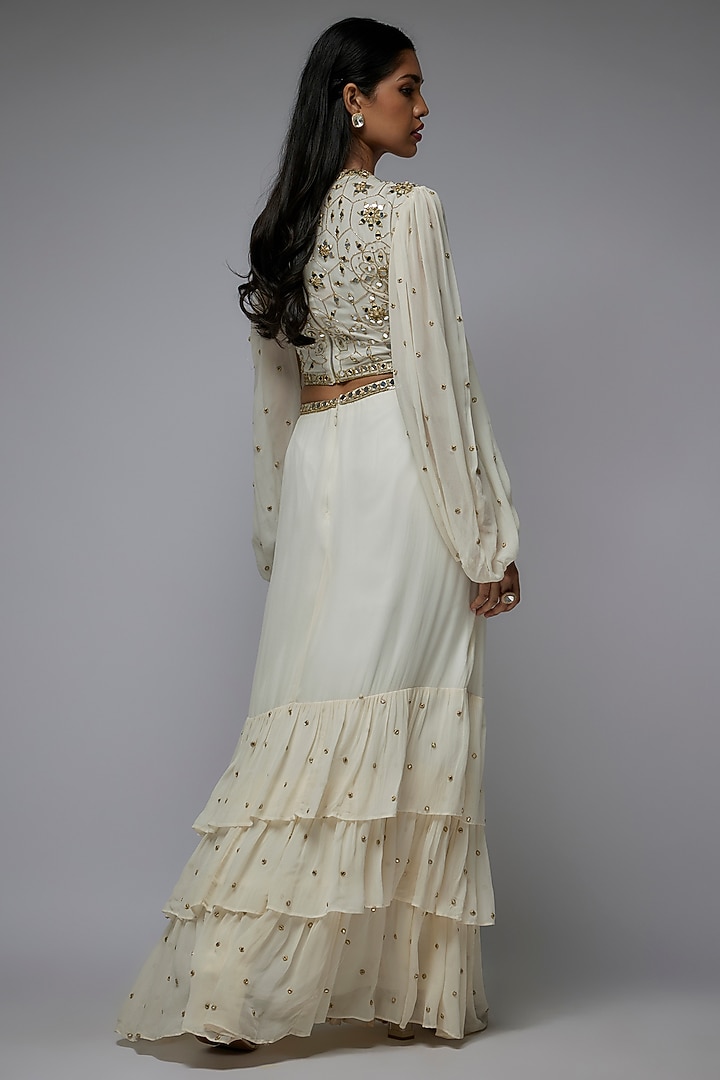 Ivory Georgette Hand & Machine Embroidered Layered Engagement Gown by Gulal Couture at Pernia's Pop Up Shop