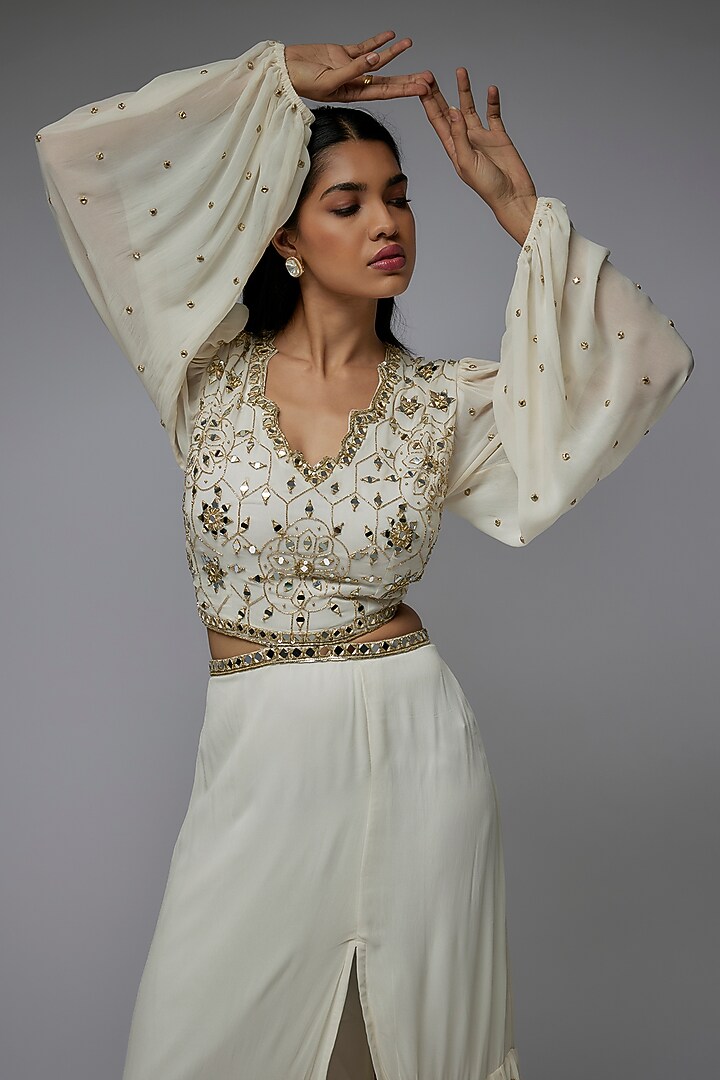 Ivory Georgette Hand & Machine Embroidered Layered Engagement Gown by Gulal Couture at Pernia's Pop Up Shop