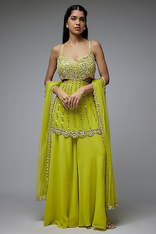 Lime Green Viscose & Georgette Sharara Set by Gulal Couture