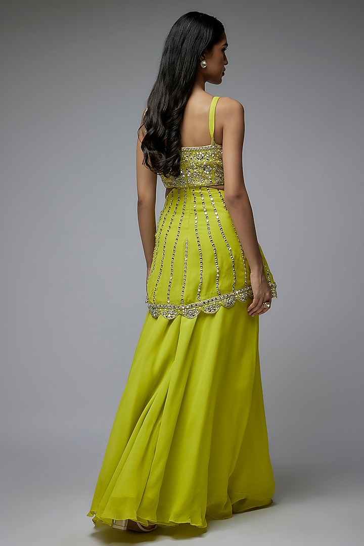 Lime Green Viscose & Georgette Wedding Sharara Set by Gulal Couture at Pernia's Pop Up Shop