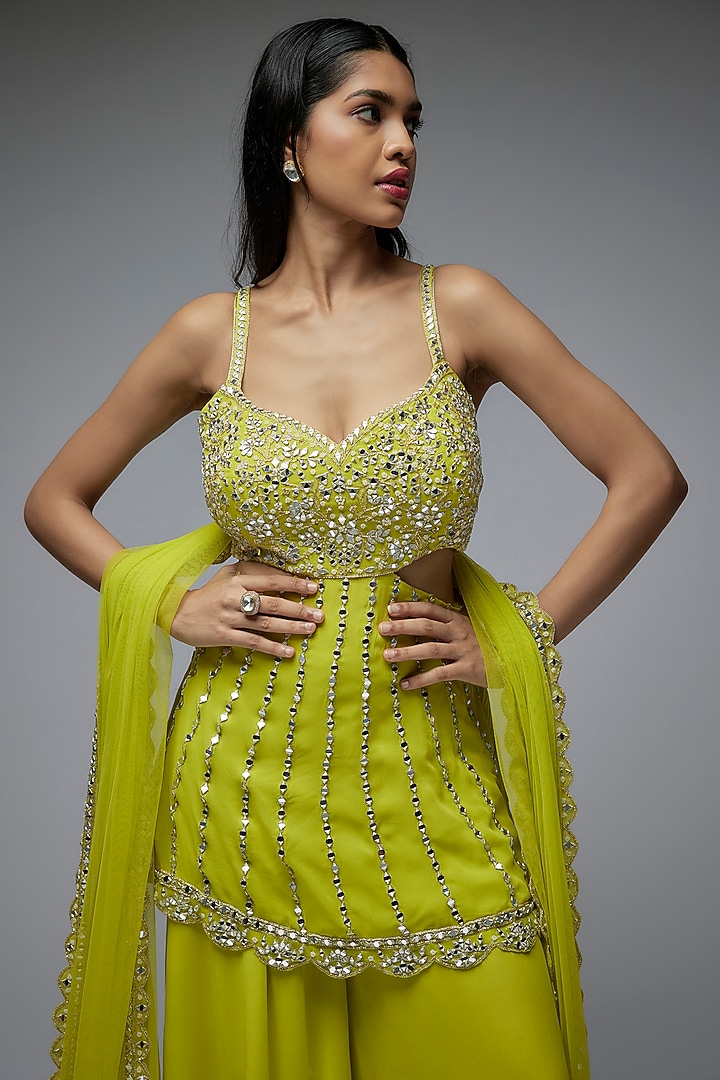 Lime Green Viscose & Georgette Wedding Sharara Set by Gulal Couture at Pernia's Pop Up Shop