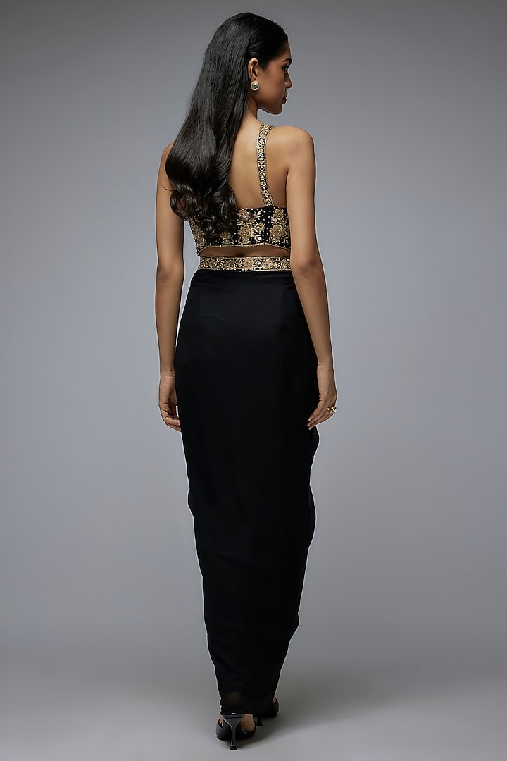Black Viscose & Georgette Embroidered Draped Skirt Set by Gulal Couture at Pernia's Pop Up Shop