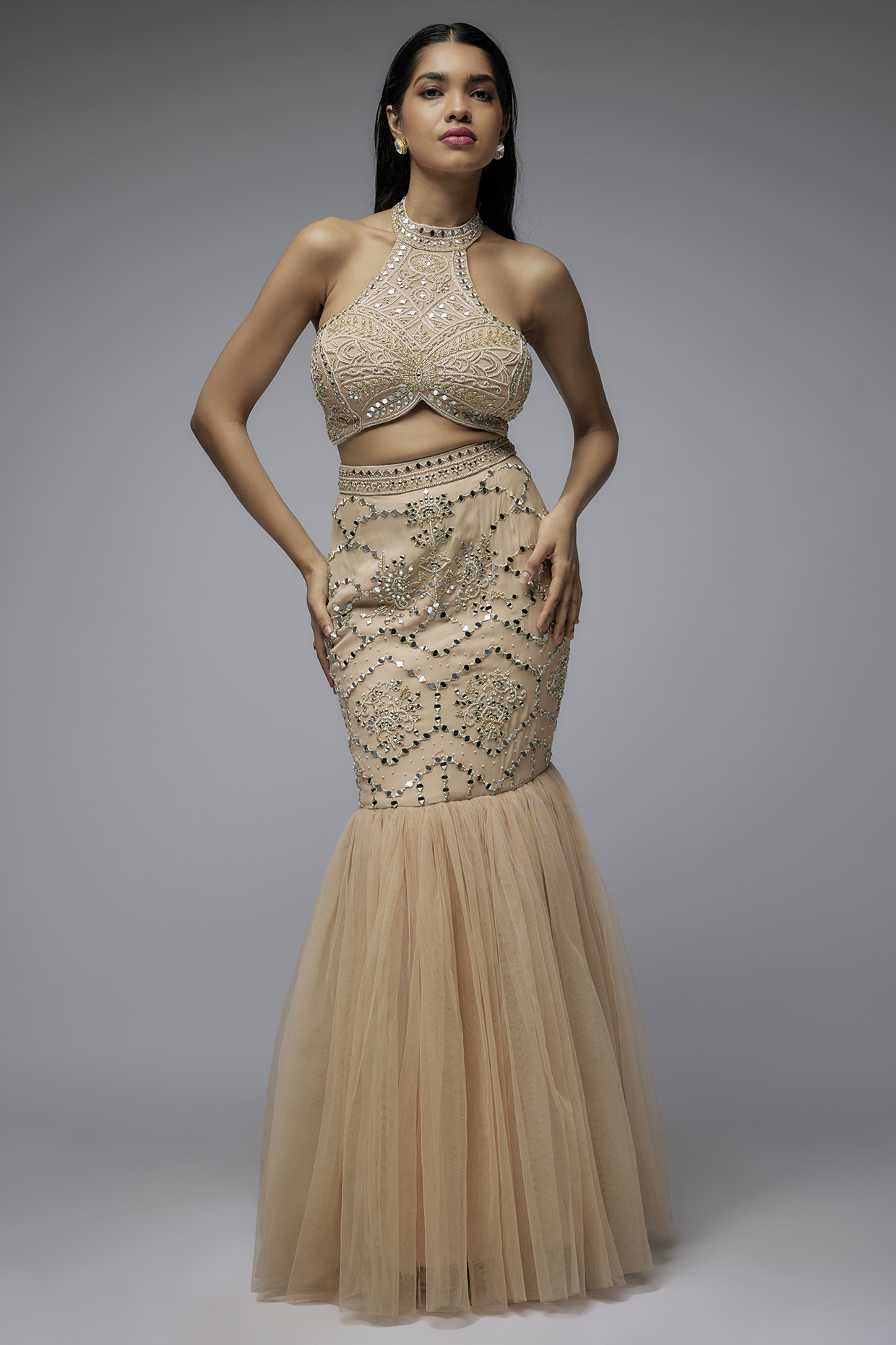 Mocha Mousse Georgette & Net Embroidered Mermaid Skirt Set by Gulal Couture at Pernia's Pop Up Shop