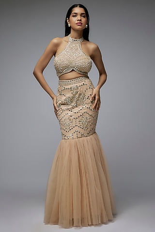 Mocha Mousse Georgette & Net Embroidered Mermaid Skirt Set by Gulal Couture