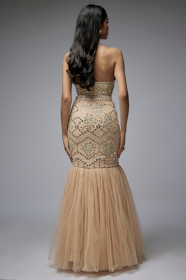Mocha Mousse Georgette & Net Embroidered Mermaid Skirt Set by Gulal Couture at Pernia's Pop Up Shop