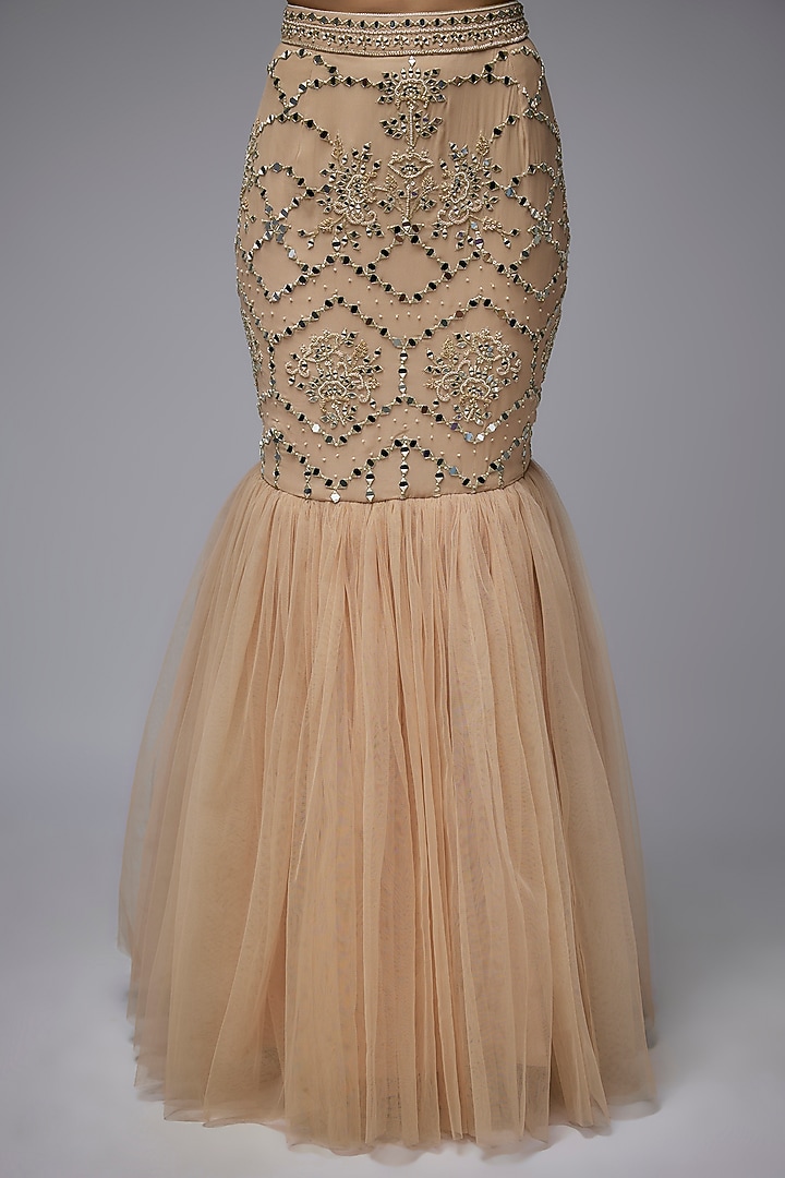 Mocha Mousse Georgette & Net Embroidered Mermaid Skirt Set by Gulal Couture at Pernia's Pop Up Shop