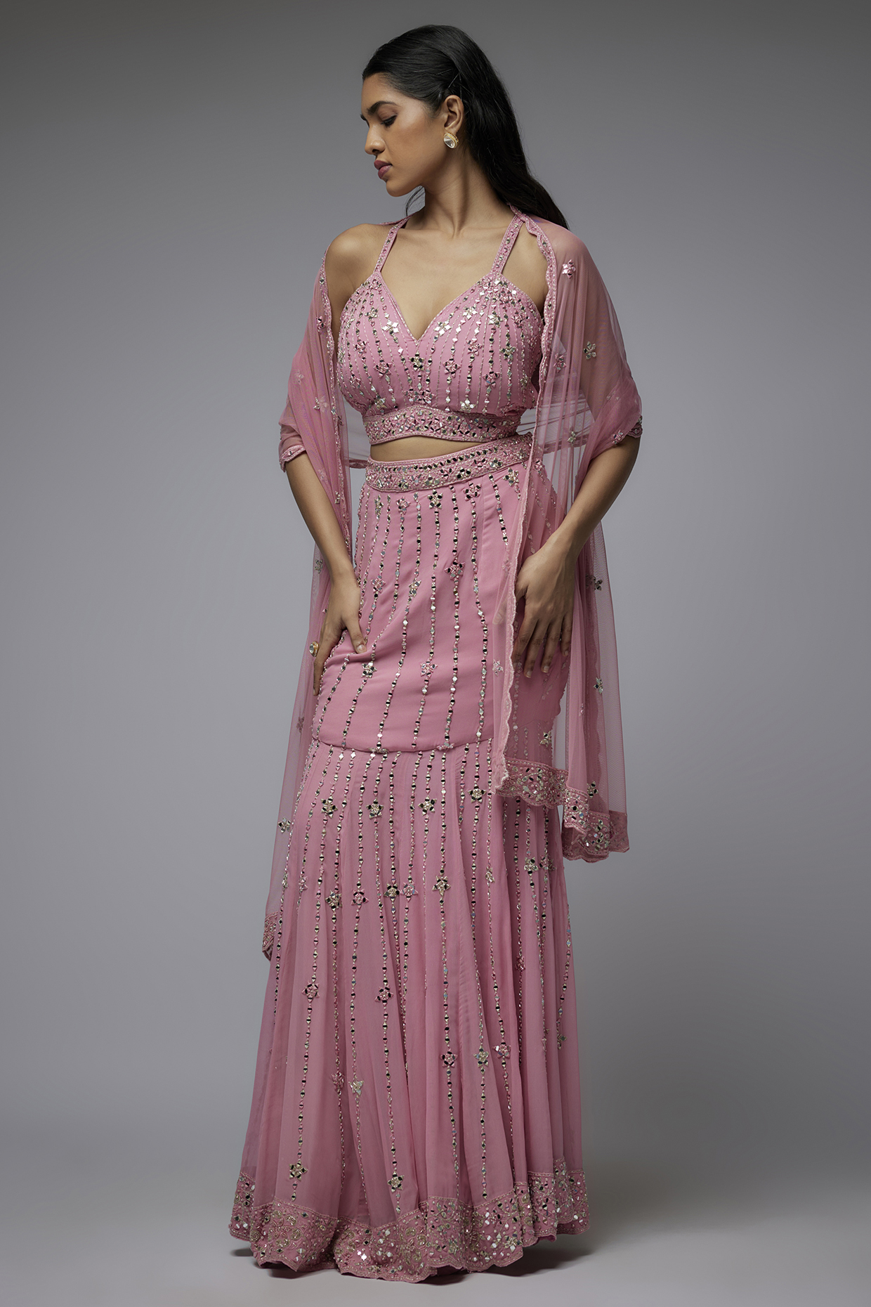 Dusty Pink Georgette Hand & Machine Embroidered Wedding Lehenga Set by Gulal Couture at Pernia's Pop Up Shop
