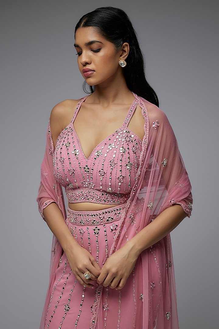 Dusty Pink Georgette Hand & Machine Embroidered Wedding Lehenga Set by Gulal Couture at Pernia's Pop Up Shop