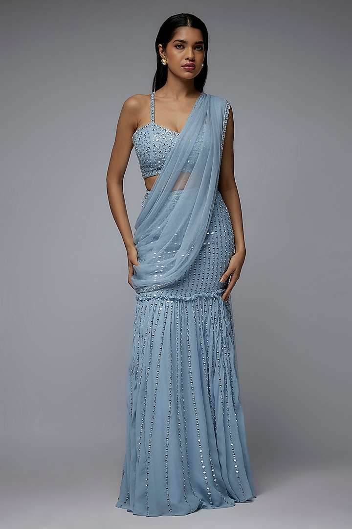 Dusty Blue Georgette Mirror Hand & Machine Embroidered Wedding Lehenga Set by Gulal Couture at Pernia's Pop Up Shop