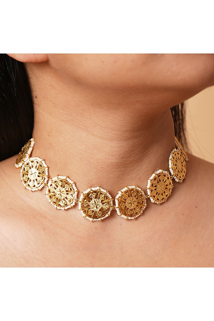 Gold Finish Pearl Dual-Purpose Choker Necklace In Sterling Silver by Gulaal Jewels at Pernia's Pop Up Shop