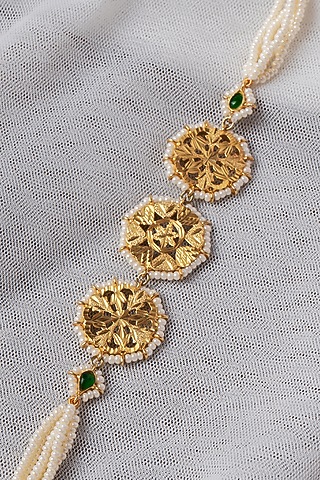 Gold Finish Pearl & Pathra Work Triple Circle Bracelet In Sterling Silver by Gulaal Jewels
