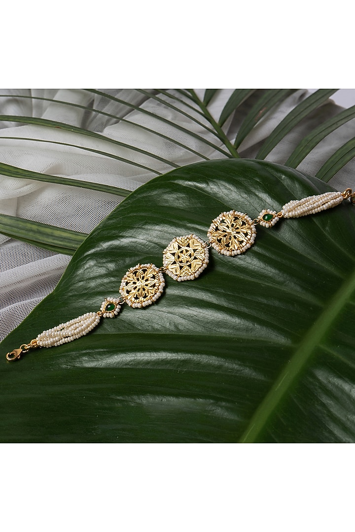 Gold Finish Pearl & Pathra Work Triple Circle Bracelet In Sterling Silver by Gulaal Jewels at Pernia's Pop Up Shop
