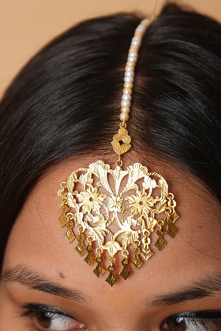 Gold Finish Swarovski Pearls & Pathra Work Heart-Shaped Maangtikka In Sterling Silver by Gulaal Jewels at Pernia's Pop Up Shop