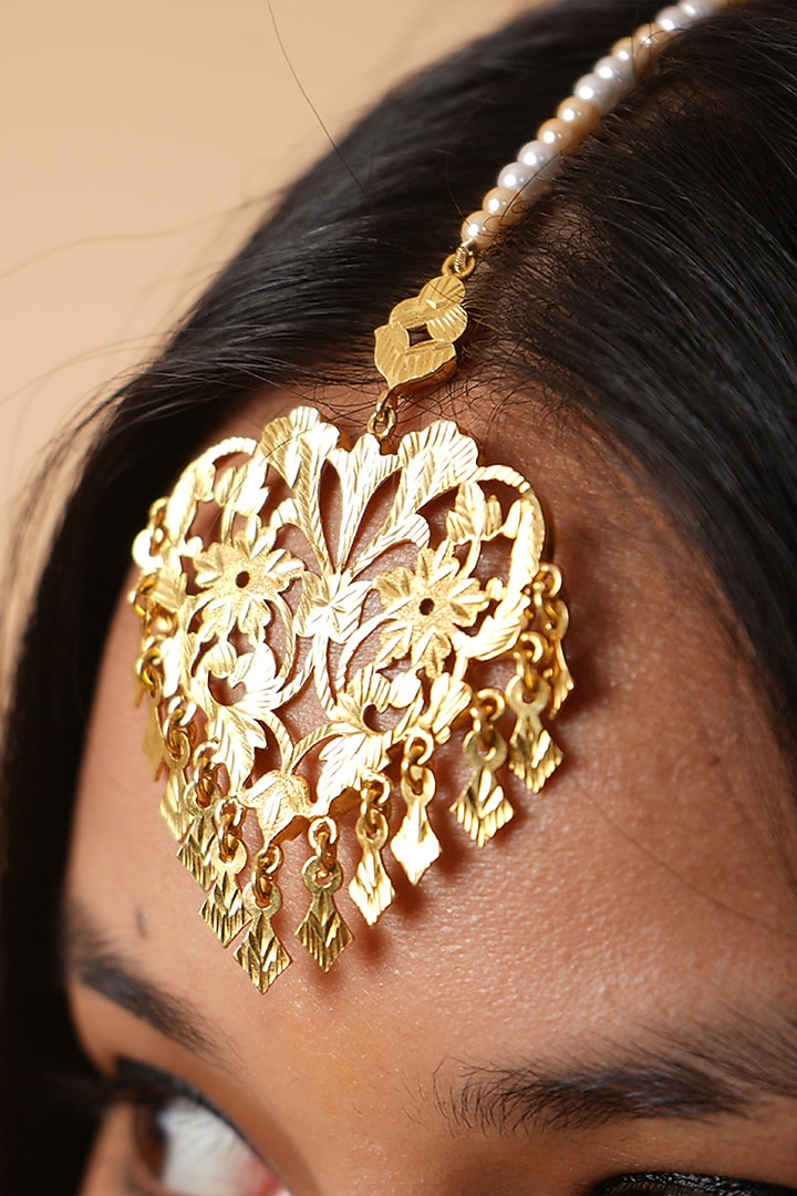 Gold Finish Swarovski Pearls & Pathra Work Heart-Shaped Maangtikka In Sterling Silver by Gulaal Jewels at Pernia's Pop Up Shop