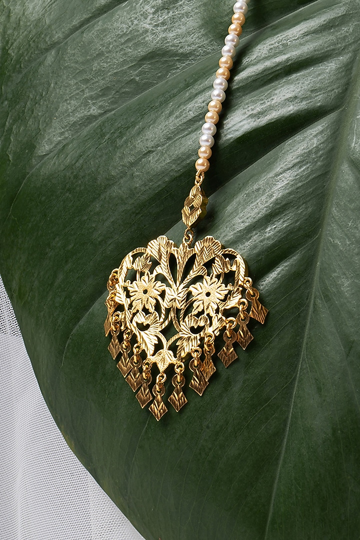 Gold Finish Swarovski Pearls & Pathra Work Heart-Shaped Maangtikka In Sterling Silver by Gulaal Jewels at Pernia's Pop Up Shop