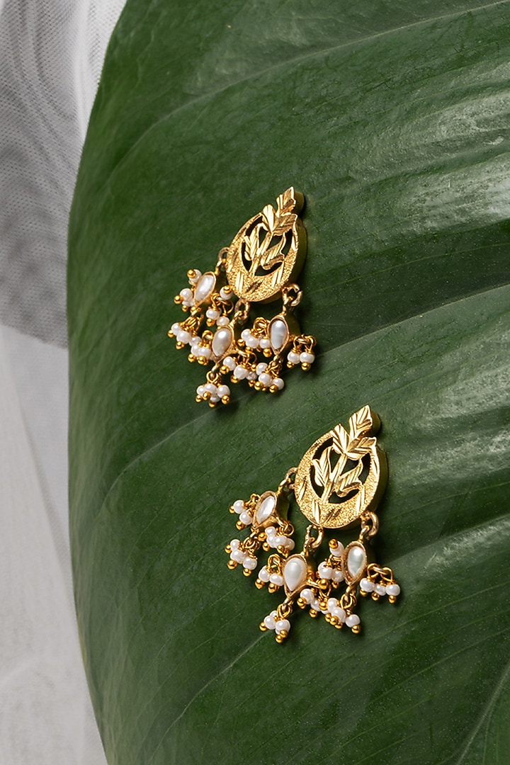 Gold Finish Freshwater Pearls Stud Earrings In Sterling Silver by Gulaal Jewels at Pernia's Pop Up Shop
