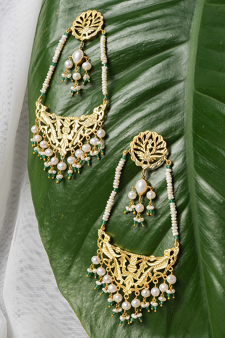 Gold Finish Pathra Work & Freshwater Pearls Dangler Earrings In Sterling Silver by Gulaal Jewels at Pernia's Pop Up Shop