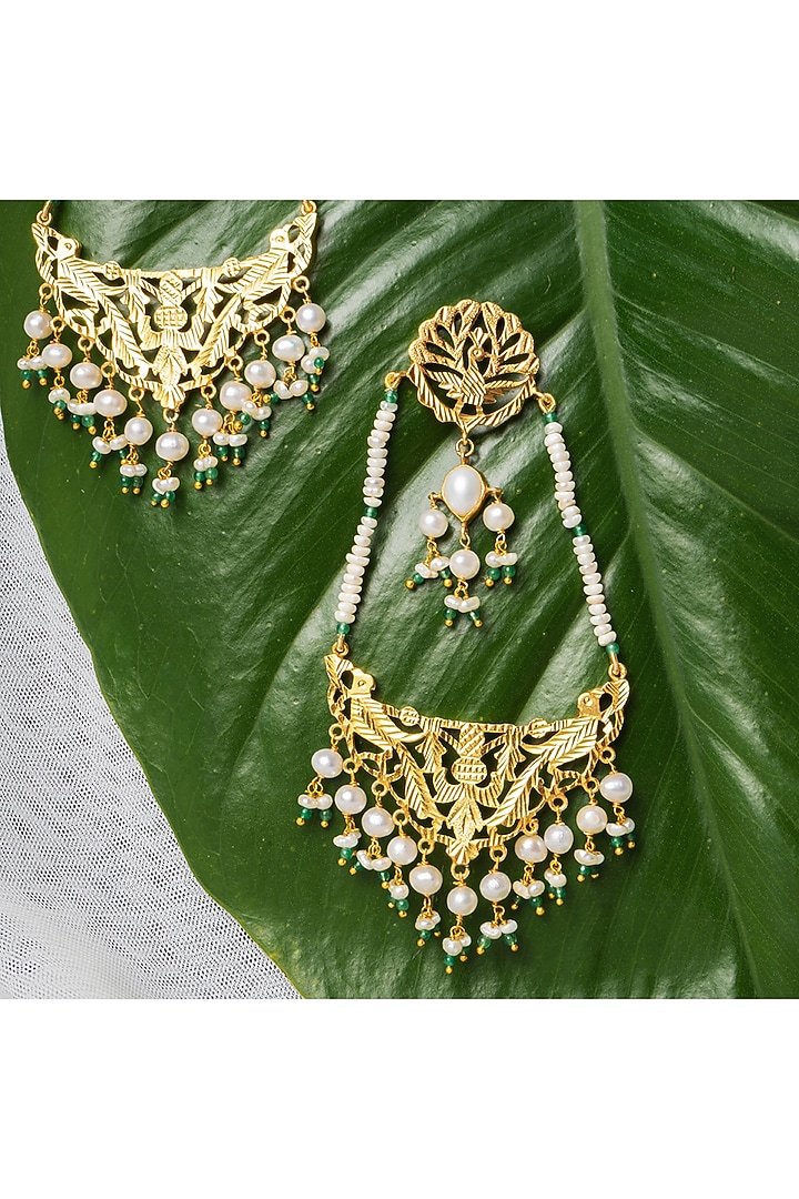 Gold Finish Pathra Work & Freshwater Pearls Dangler Earrings In Sterling Silver by Gulaal Jewels at Pernia's Pop Up Shop