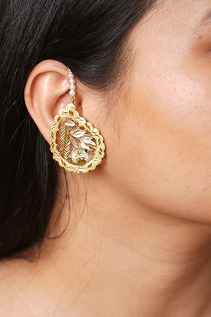 Gold Finish Pathra Work & Swarovski Pearls Kaan Chain Paisley Earrings In Sterling Silver by Gulaal Jewels at Pernia's Pop Up Shop
