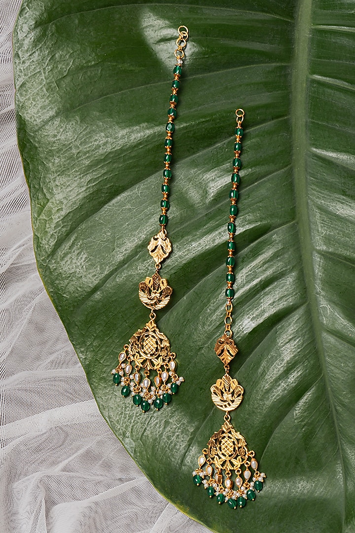 Gold Finish Pathra Work & Emerald Quartz Kaan Chain Dangler Earrings In Sterling Silver by Gulaal Jewels